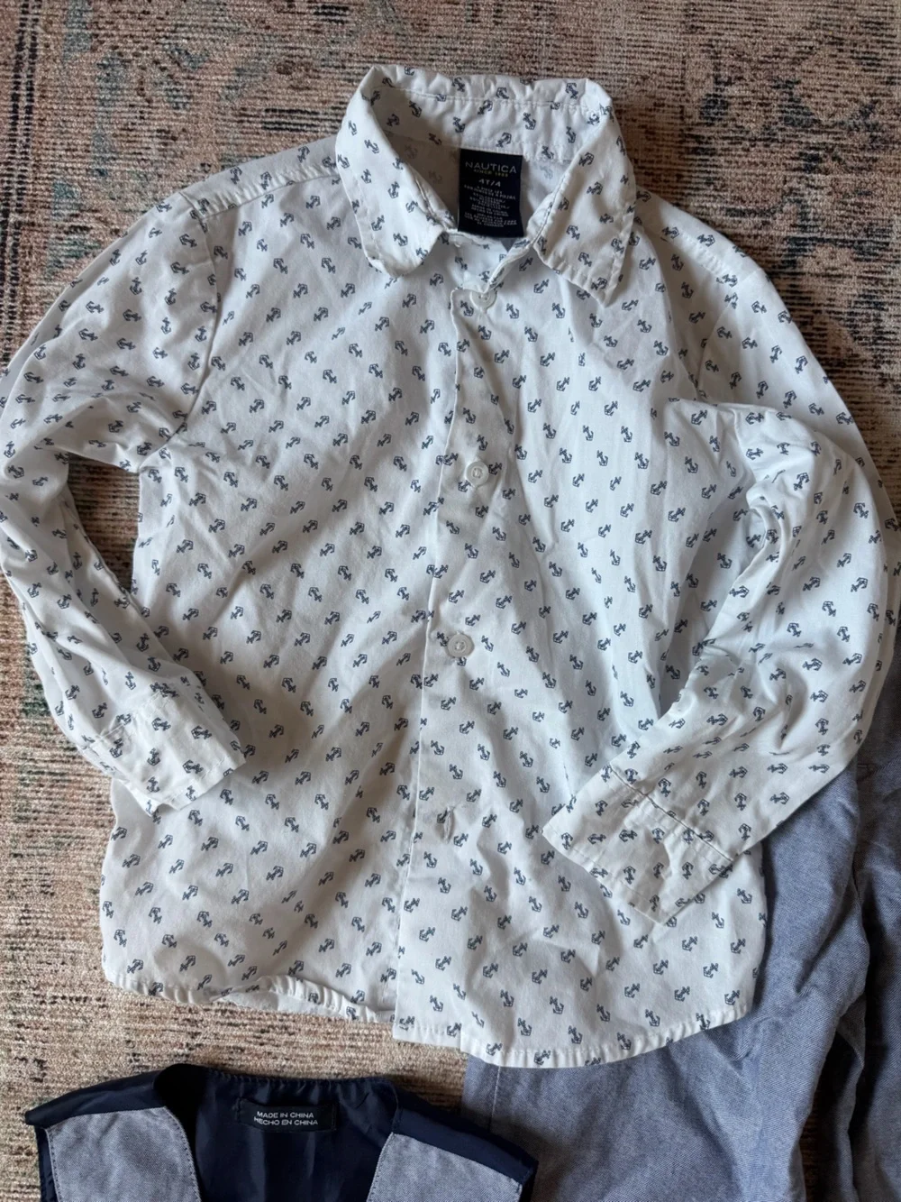 Nautica White Printed Button-Up, Blue Vest & Pants Set